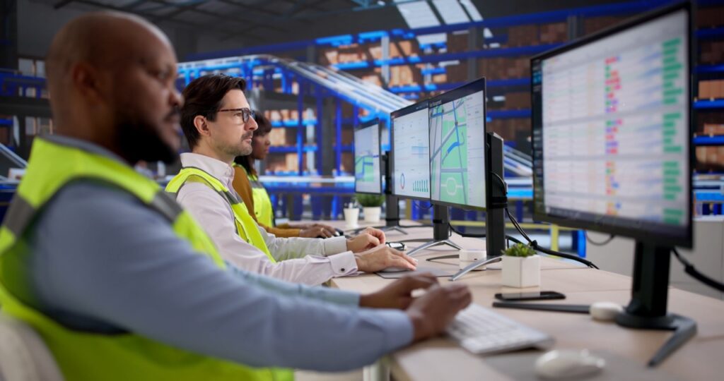Group of professionals wearing safety vests sitting in front of desks with computers