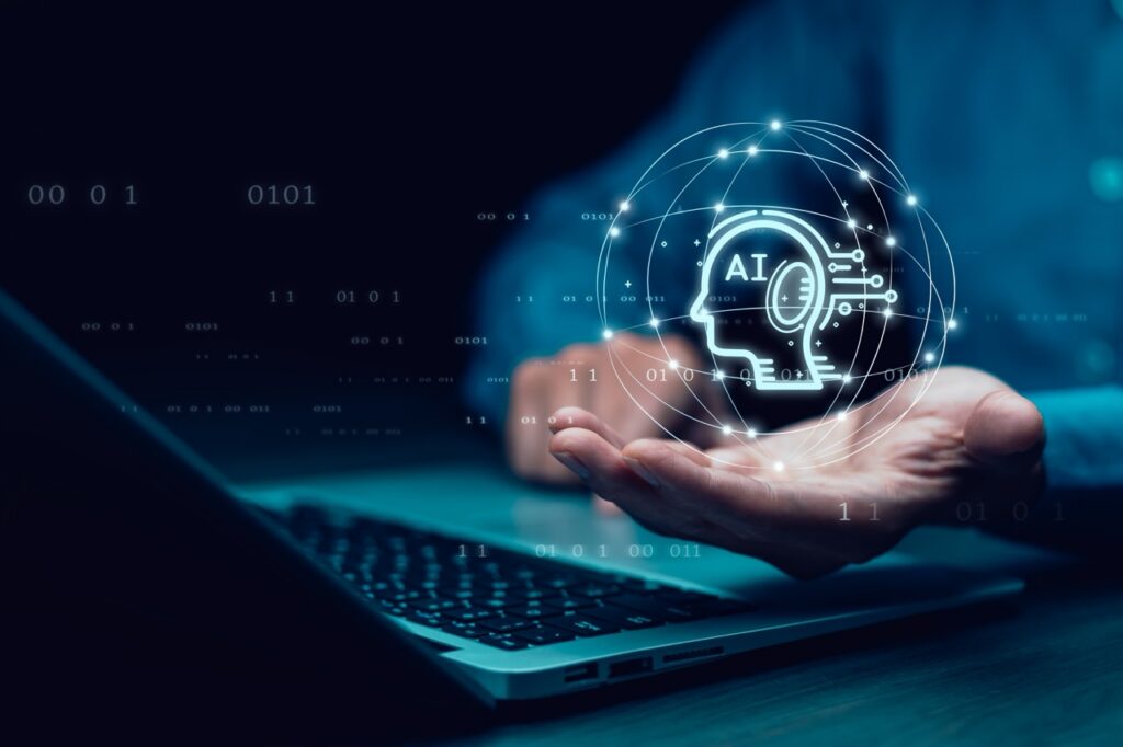 Man with palm open and graphic with globe, head with "AI" and numbers